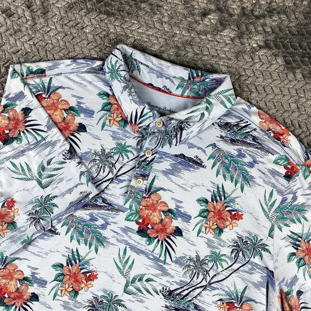 Tommy Bahama Polo Shirt Mens XXL Tropical Floral Palm Tree IslandZone